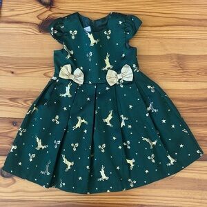 EUC Bonnie Jean Christmas Reindeer Green Dress with Gold Details size 3T
